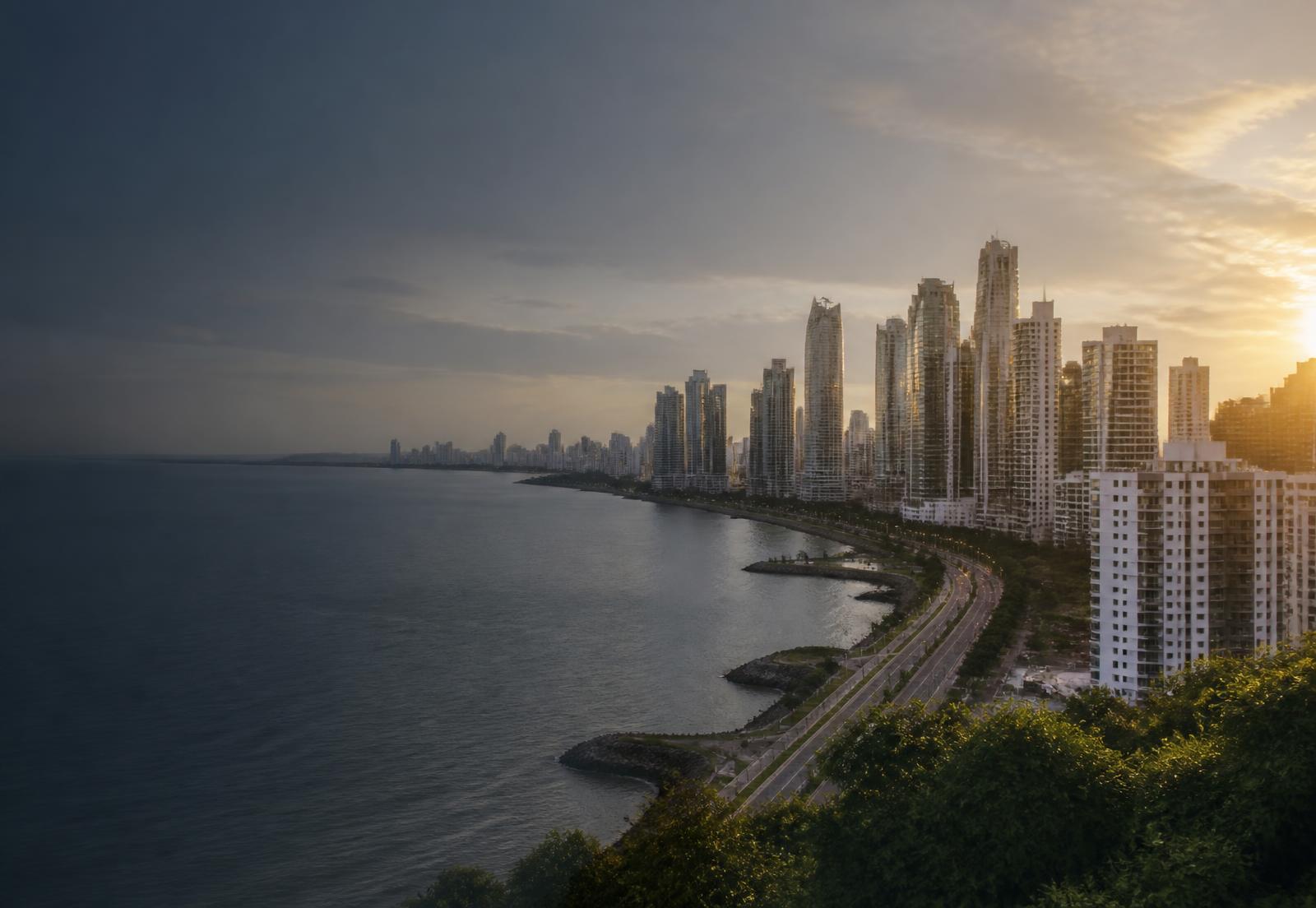 Panama City waterfront skyline and Pacific coastline at golden hour